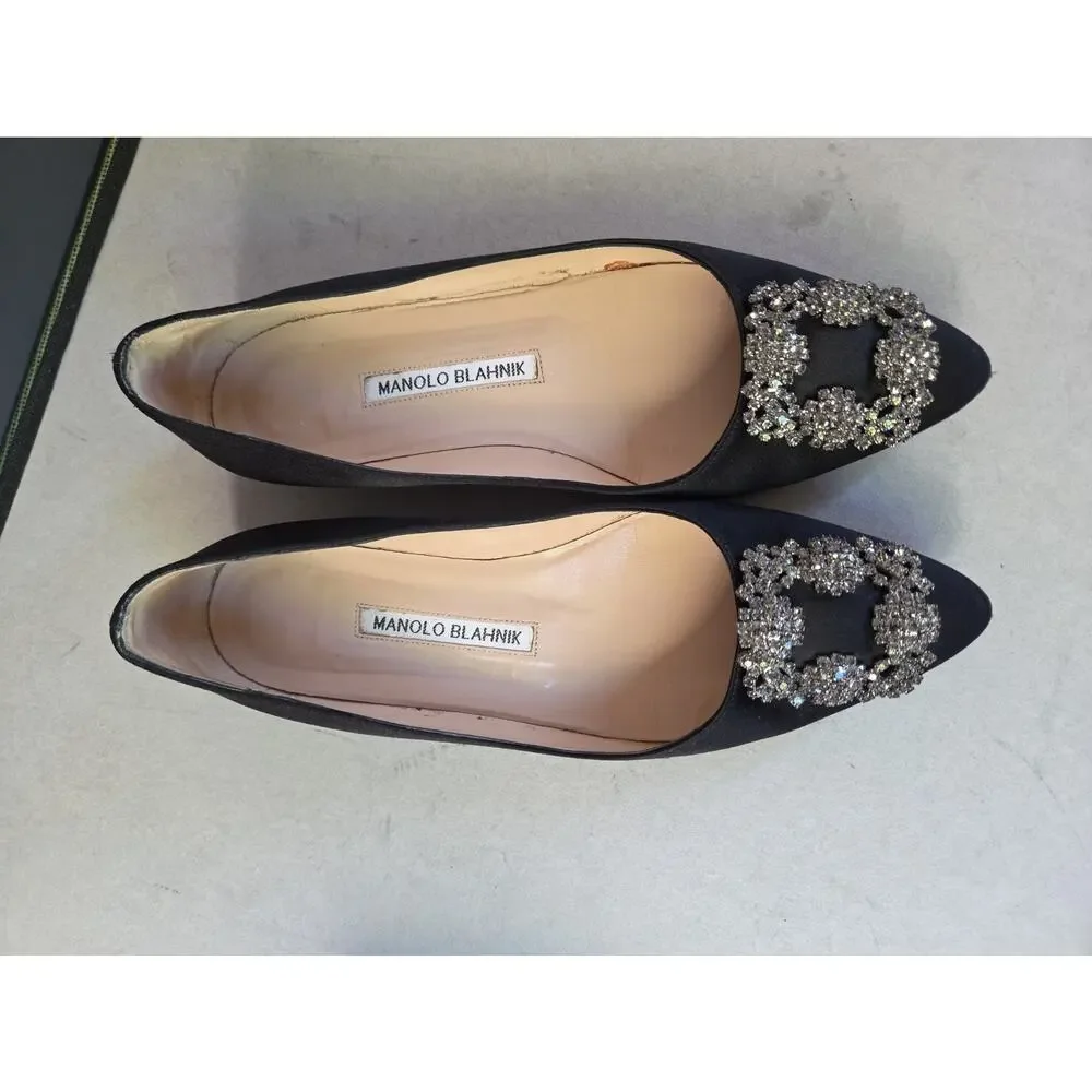 Manolo Blahnik Hangisi Jewel Buckle Flat Pumps Black Satin Women's 36 US8 w/Box